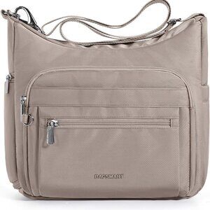 Gray crossbody tote for women with anti-theft design, multiple compartments, lig